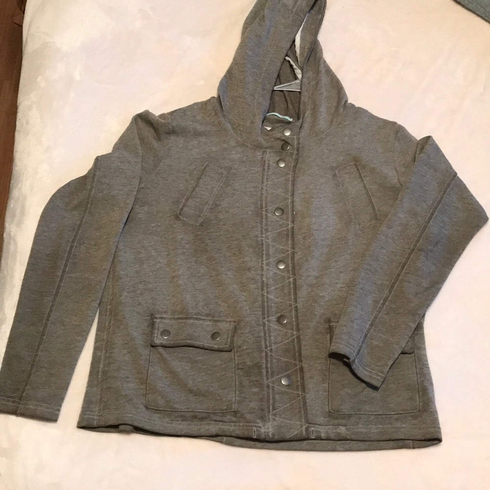 Olive green button hoodie.